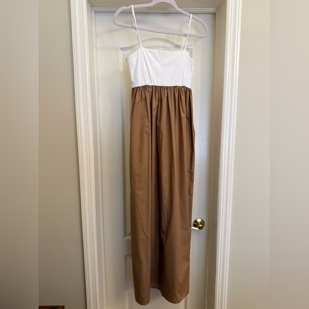White and Brown Strap long dress with pockets